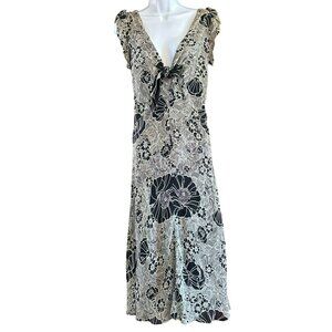 Vintage Salaam Black White Floral Print Rayon Midi Dress S/M Flowy Flouncy Y2K